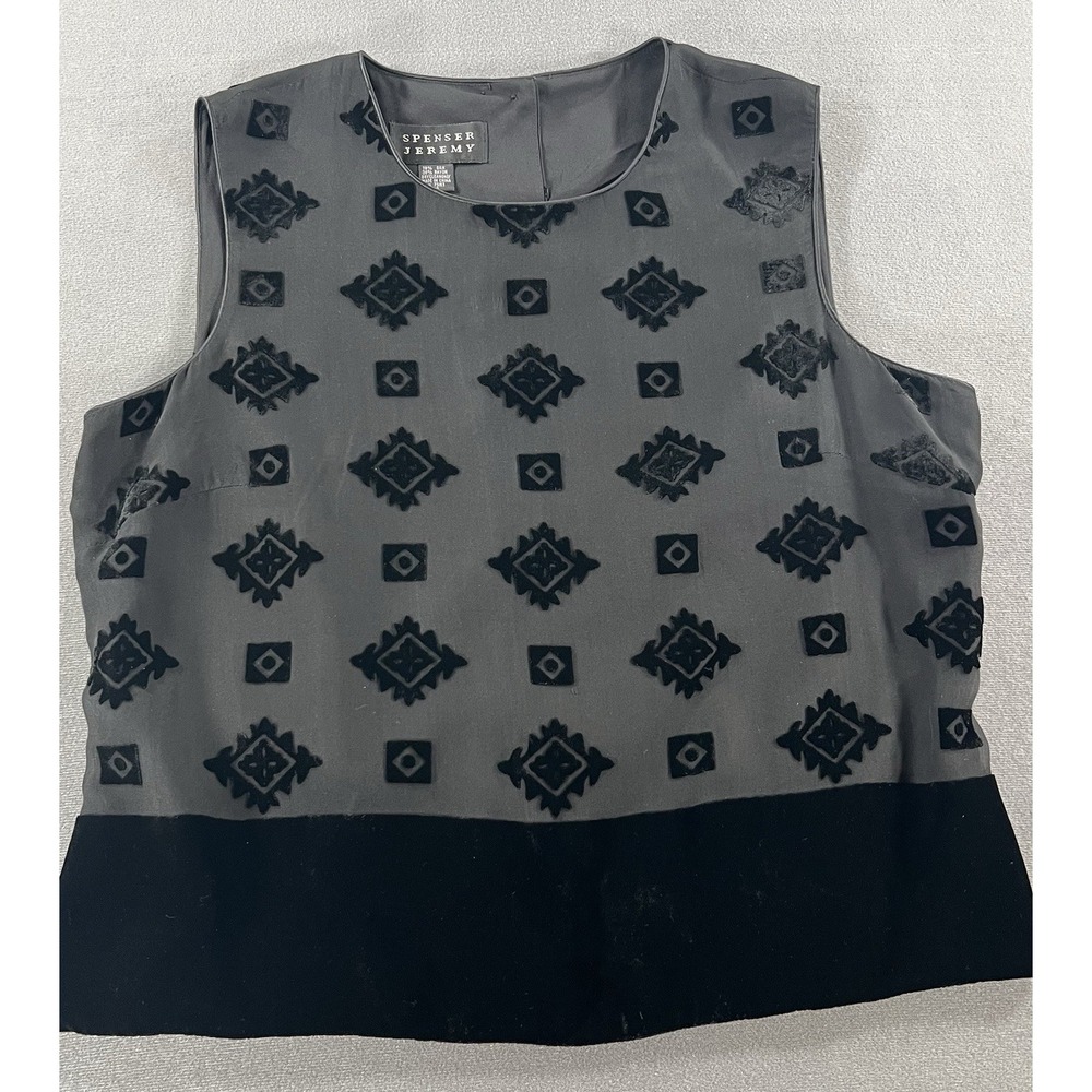 Spenser Jeremy Vintage Black Silk Velvet Geometric Tank Top Size 12 Sleeveless